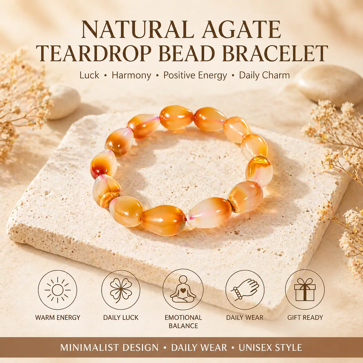 Unisex Natural Agate Teardrop Bead Bracelet - Orange Crystal Accessory for Success, Motivation, Abundance, Good Luck, Confidence, Positive Energy, Daily Gift, TikTok Viral Pick, SummerWins DealsForYouDays, Crystals Jewelry, Lucky Accessories, Crystals Bra