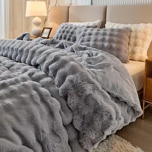 Full Faux   Comforter Set - 3 count   Set Ultra Soft Warm Shaggy Winter Flannel Bed Set, Luxury  Friendly Sherpa Comforter Set & 2 Pillow Shams for Thanksgiving Light Gray