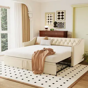 Bellemave Twin Size Upholstered Daybed with Pop-Up Trundle, Beige Indoor Bed Frame for Home Bedroom Furniture