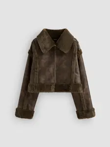 Faux Shearling Collar Solid Zipper Jacket