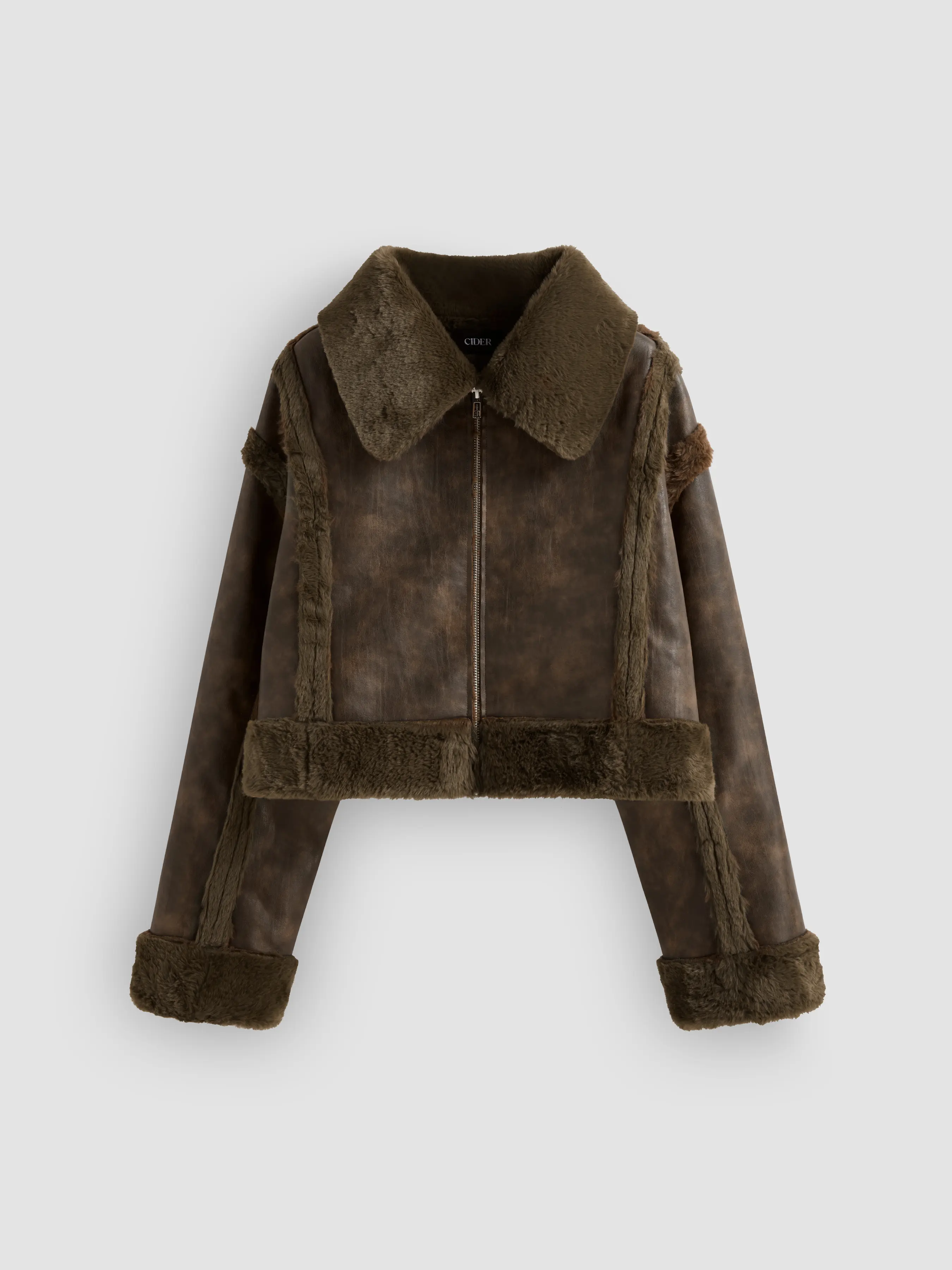Faux Shearling Collar Solid Zipper Jacket