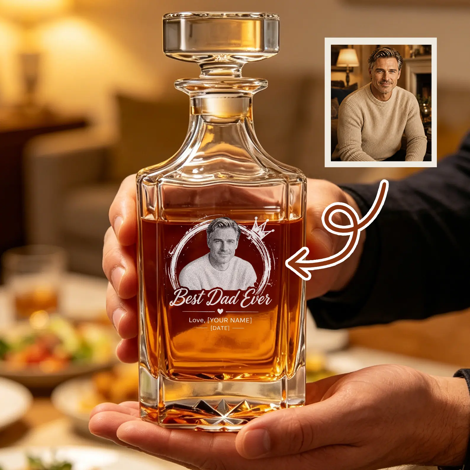Custom Photo Glass Liquor Decanter Set with Stopper in Wooden Box - Personalized Laser Engraved, Birthday, Father's Day Gift for Groomsmen/Retirees, Utensils