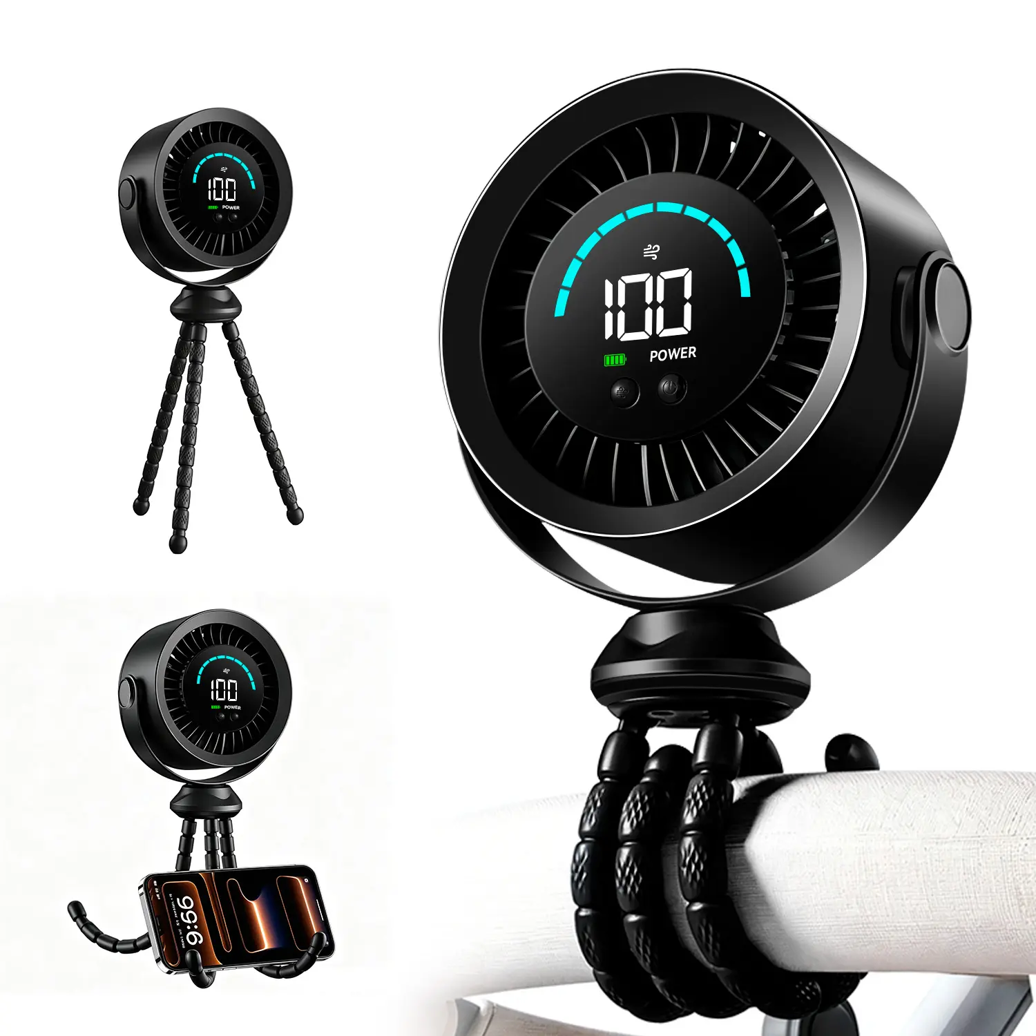 Qawtor 2026 Upgraded Portable Fan with LED Display & Flexible Tripod, 360° Adjustable USB Rechargeable Clip Fan for Desk, Travel & Outdoor，Suitable for car use