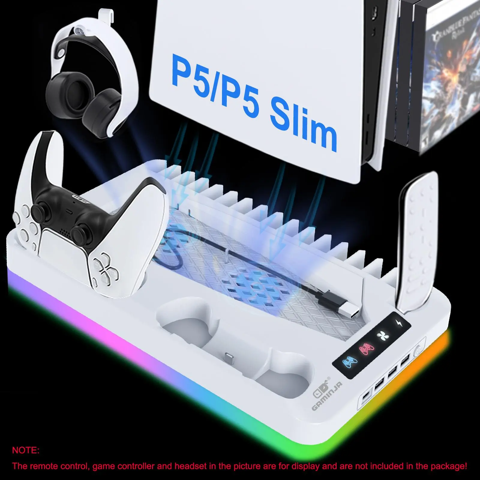 GAMINJA Cooling Fan Base Station for PS5 Slim, Vertical Cooling Fan with Dual Controller Charger, Charging Dock, Charging Accessories for PS5 Slim Console