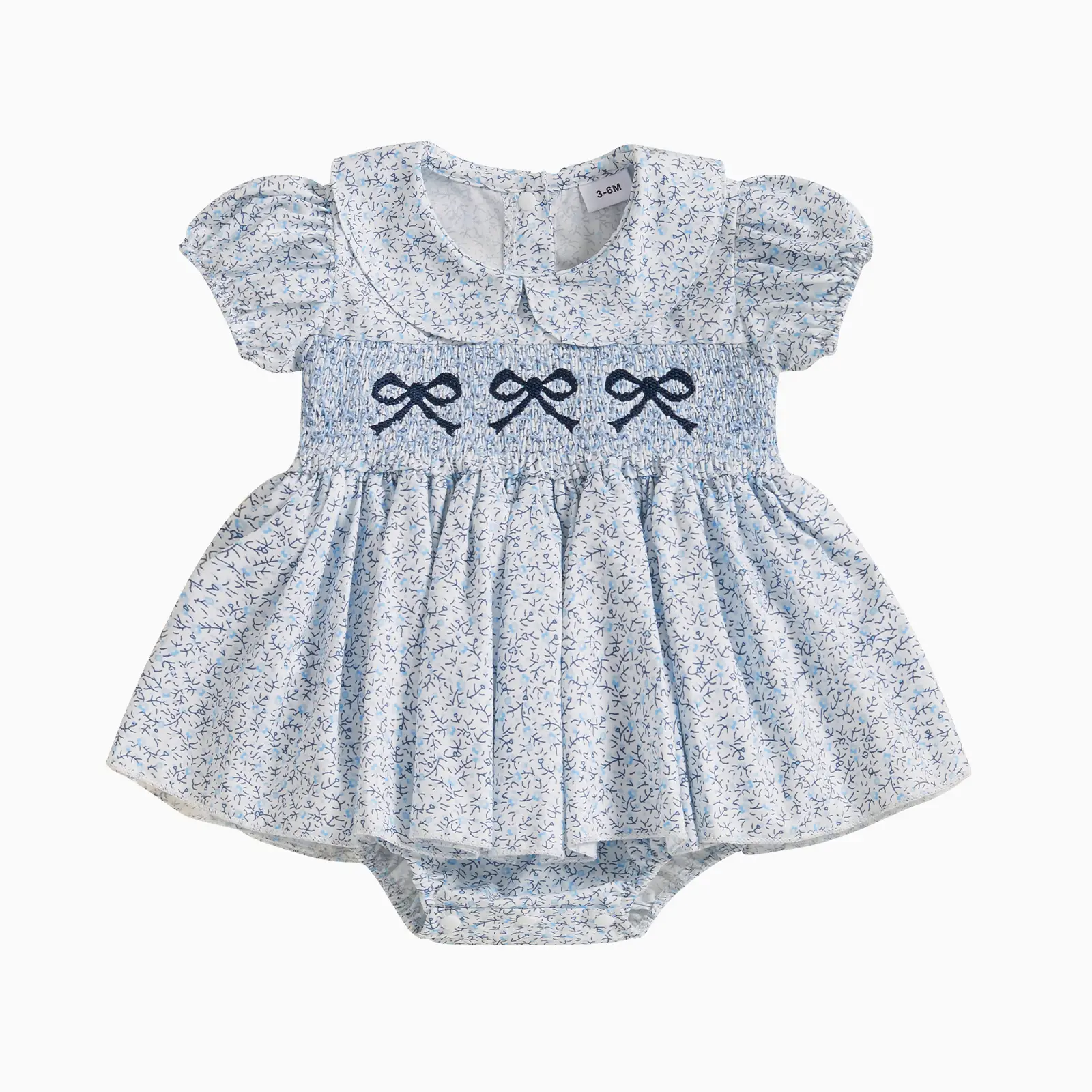 Baby Girl Summer Clothes Infant Bow Smocked Romper Dress Newborn Short Sleeve Bowknot Embroidery Floral Print Cute Onesie Dresses Toddler Outfit