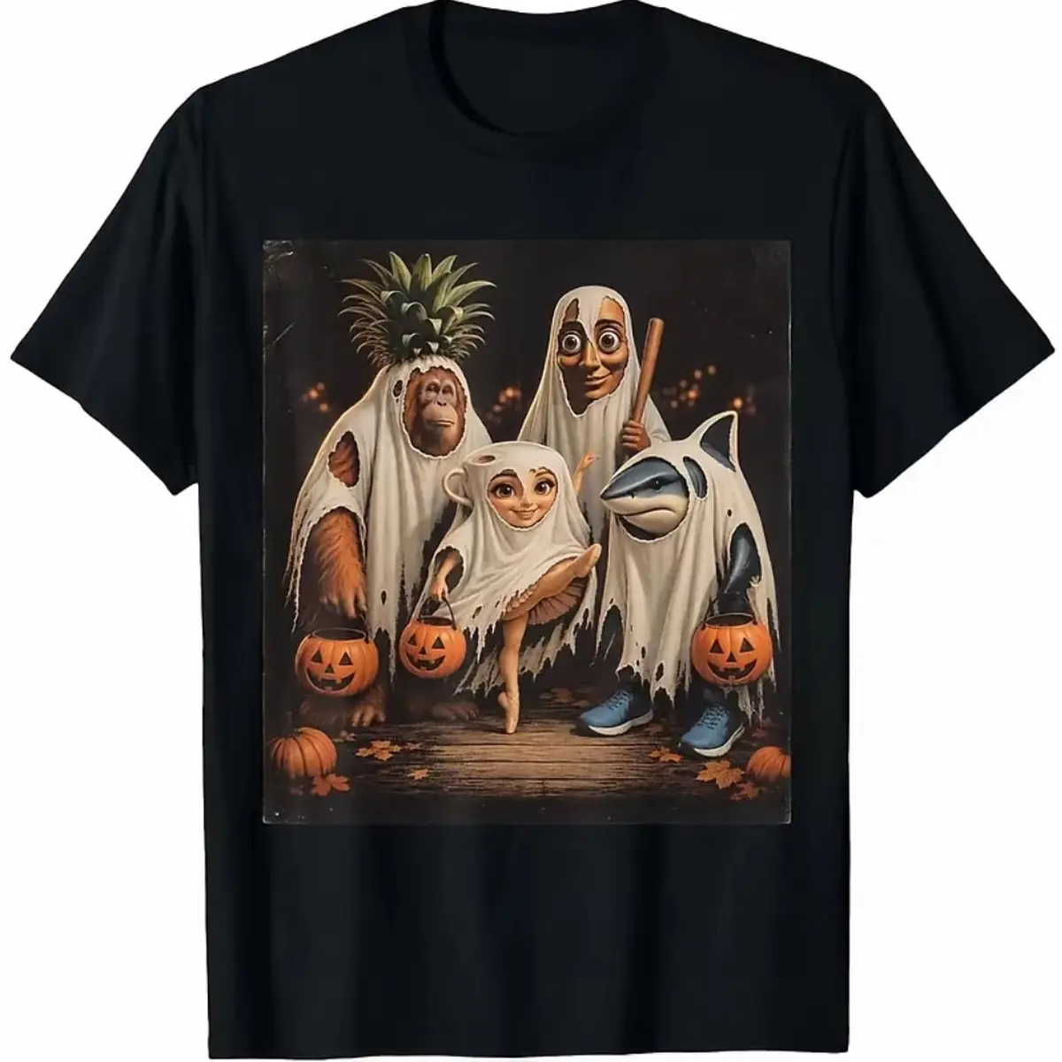 Whimsical Ghost Family Trick or Treat Pumpkin Bucket Halloween T-Shirt
