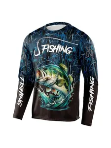 3D Men's Ocean Pattern Printed Long Sleeve Shirt, All-Over Fish Print Dark Blue Style, Outdoor Sports Top, Fishing Clothing, Fishing Gear
