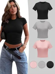 Women's Plain Basic Round Neck Jersey Tee Top, Casual Short Sleeve Crew Neck T-Shirt for Summer, Summer Outfits 2024, Ladies Clothes Womenswear for Everyday Daily Wear, Medium