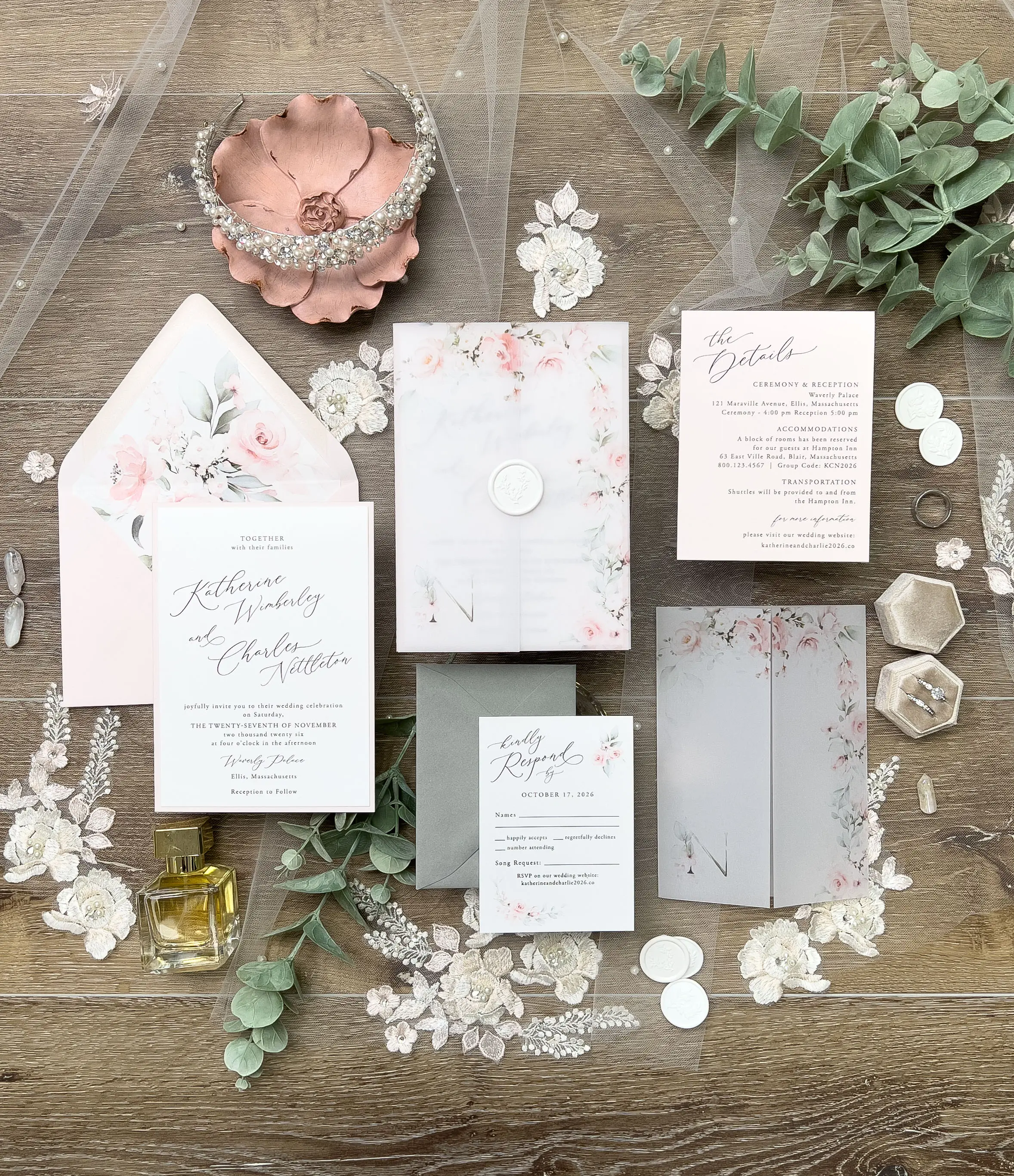 Pink Watercolor Floral Wedding Invitation Suite with Vellum Jacket & Envelope Liner for Romantic Celebrations