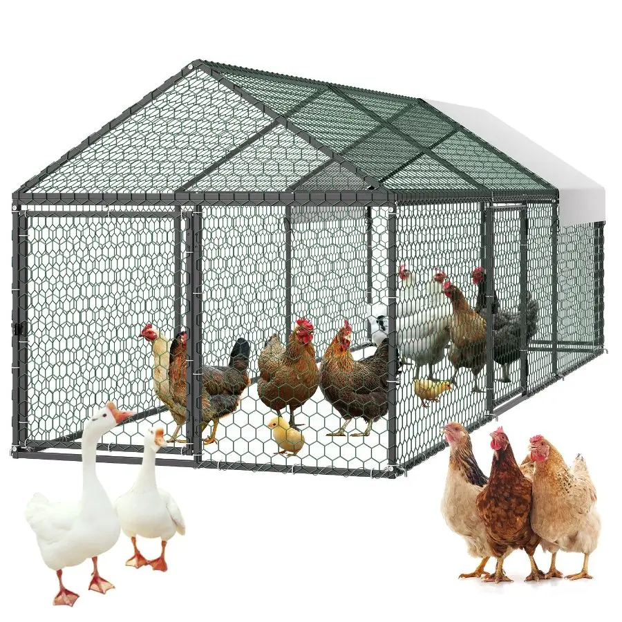 【DealsForYouDays】VEVOR Metal Chicken Coop for 6-8 Chickens, 3.3x 9.8x 3.3 ft, Small Chicken Cage with Waterproof Cover 3 Doors, Spire Roof Poultry Run Compatible with Wooden Coops, for Rabbit Hen Goose Duck