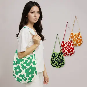 Women's Knitted Crochet Crossbody Bag Cute Large Shoulder Tote Bags with Flower Prints for Christmas Party