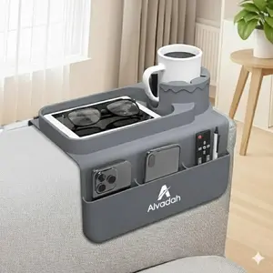 Alvadah Silicone Couch Cup Holder Tray - Sofa Armrest Organizer with Side Pockets for Remote Phone Tablet & Snacks Anti-Slip and Anti-Spill Drink Holder Caddy for Living Room Gray