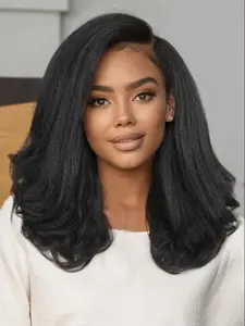 Yaki Kinky Straight Bob Wig, Side Part 4x1 Lace Part, Short End Curly Wavy Loose Wave, Glueless Synthetic Wig, Shoulder Length, Kinky Straight Wigs, Synthetic Material Wigs