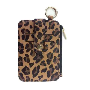 Multifunctional Leopard Print PU Leather Credit Card Holder, Small Zipper Wallet with Multiple Card Slots, Hanging Decorative Case