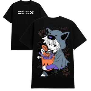 Hunter x Hunter Killua T-Shirt, Hoodie & Sweater – Front Print Hunter x Hunter Logo & Back Print Killua in Halloween Costume Holding Candy Bucket with Pumpkin and Bat Design | Unisex Sizes S–5XL Anime Streetwear Gift for Manga & Anime Fan