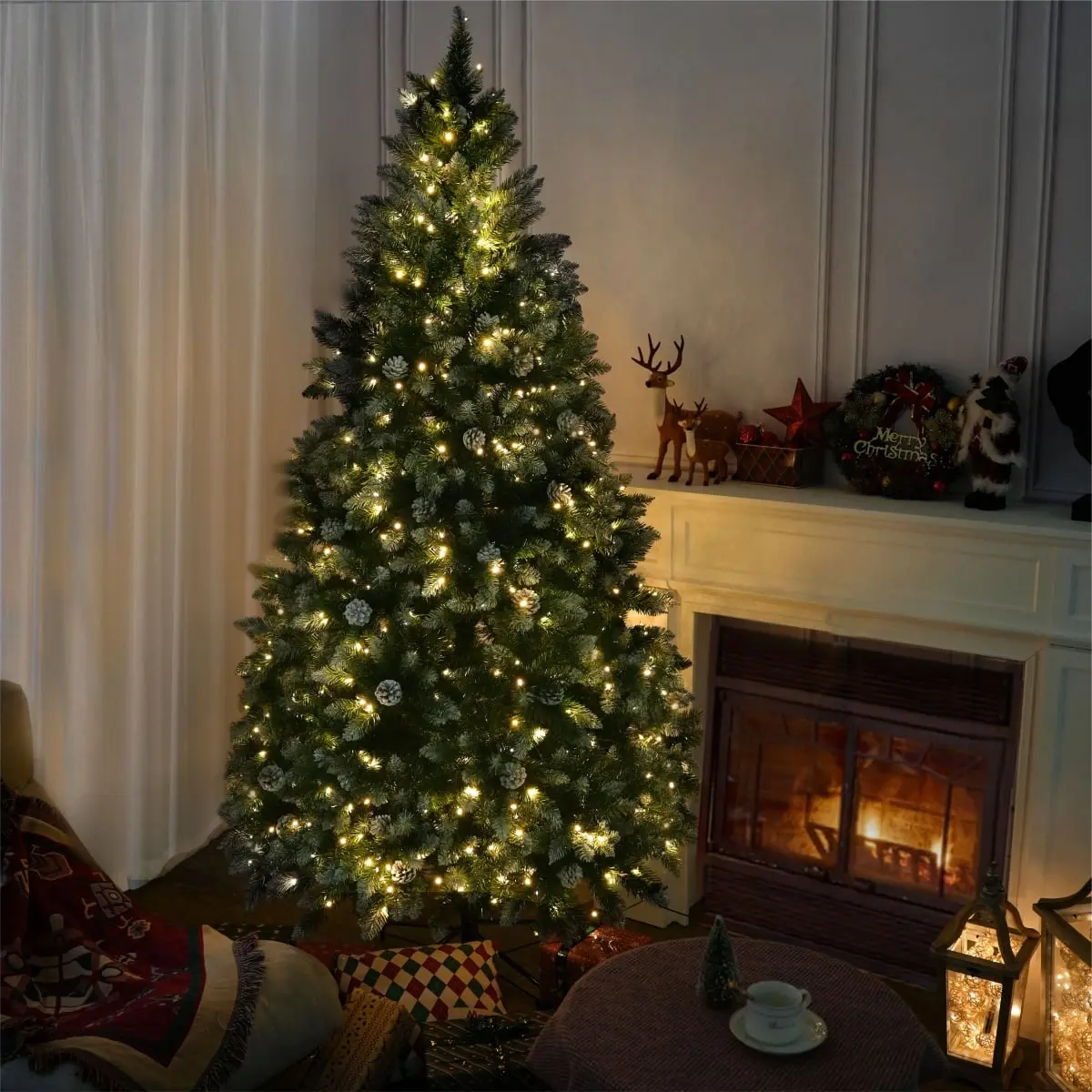 Direct Wicker PAT-001L-6FT-YJ 6FT PVC Snow-Frosted Christmas Tree, Pine Cones, 400 Warm White LED Lights (Festive Home Decor)