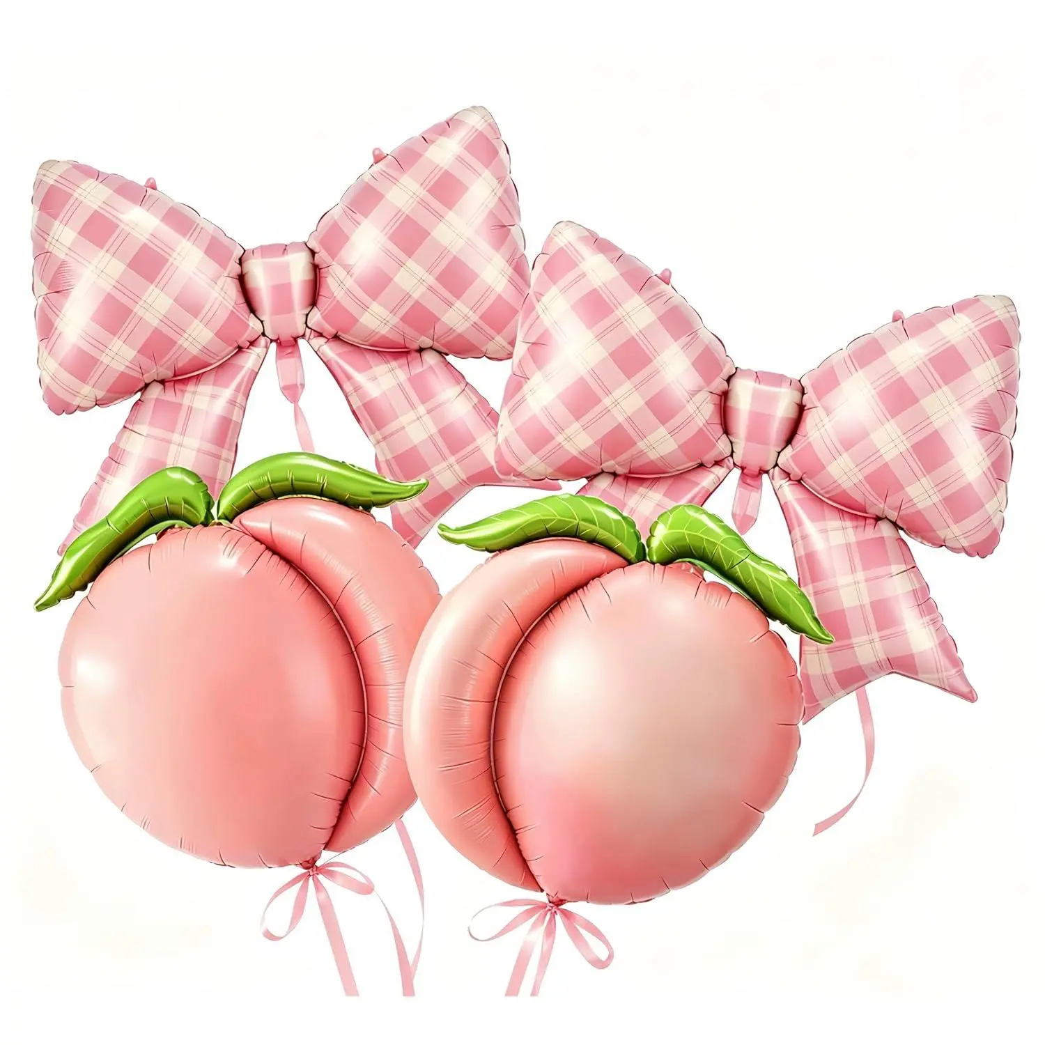 4Pcs Pink Peach Bow Gingham Balloons/One Sweet Peach Birthday Decorations/Pea*Ch Birthday Party Decor For Girls Princess/Sweet As A Peach Party/Pink Fruit Baby Shower, Summer Picnic Wedding Decor