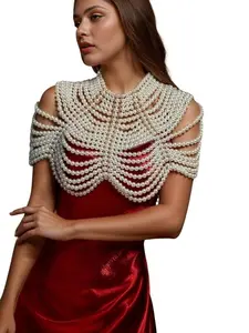 New European and American style handmade woven hollow-out pearl choker necklace, shawl chest chain, fan-shaped body jewelry chain, Handwoven