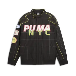 PUMA Mens Archive Seasonal Bright Lights Nyc Relaxed Racer Jacket Athletic Outerwear Casual Full Zip - Black