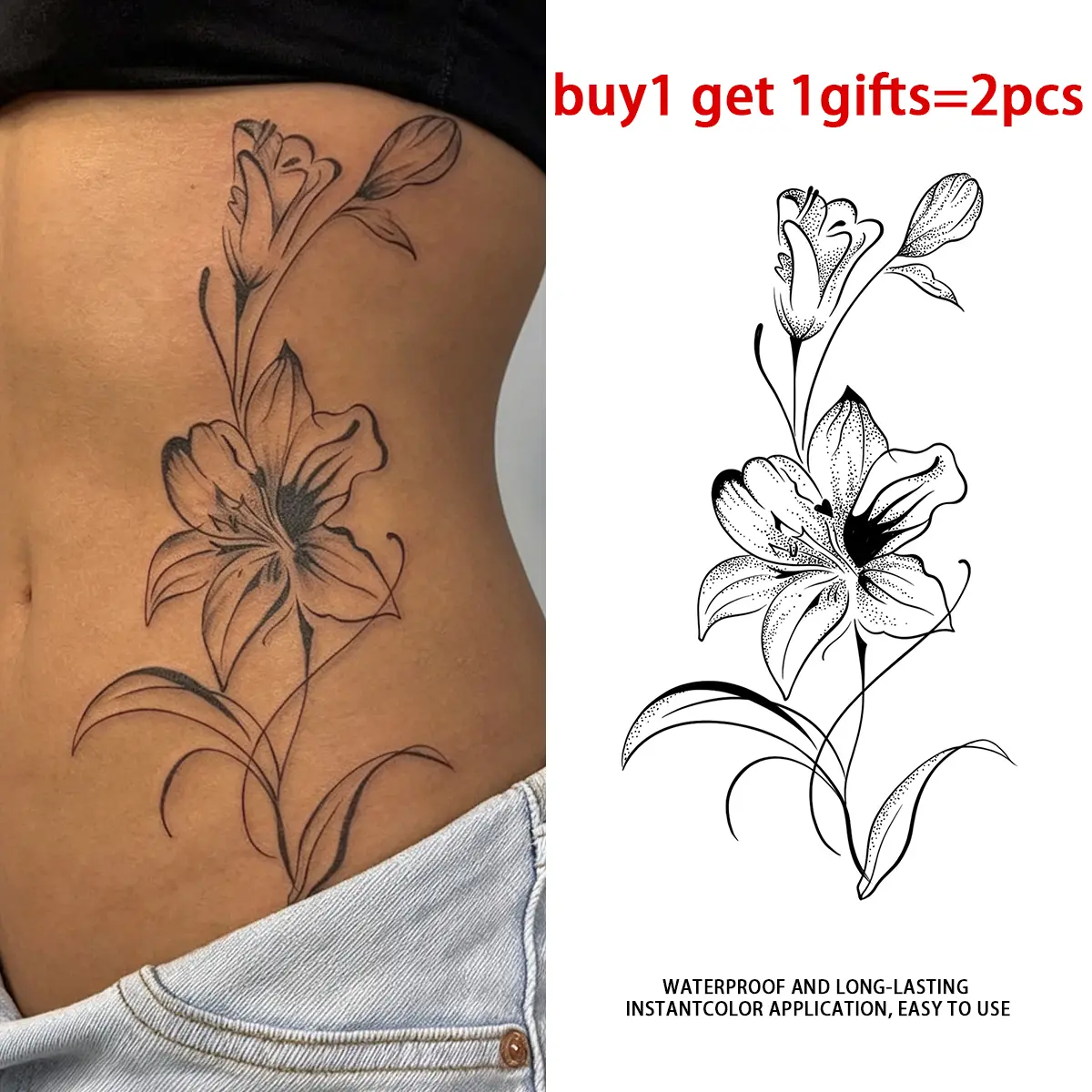 Women's Black Stippling Lily Pattern Temporary Tattoo Sticker - 2 Sheets Waterproof Realistic Fake Tattoos, Dot Work Sketch Line Style, Plant-Based Long-Lasting, for Waist Rib Side, All Skins Ideal for Swimming, Festival
