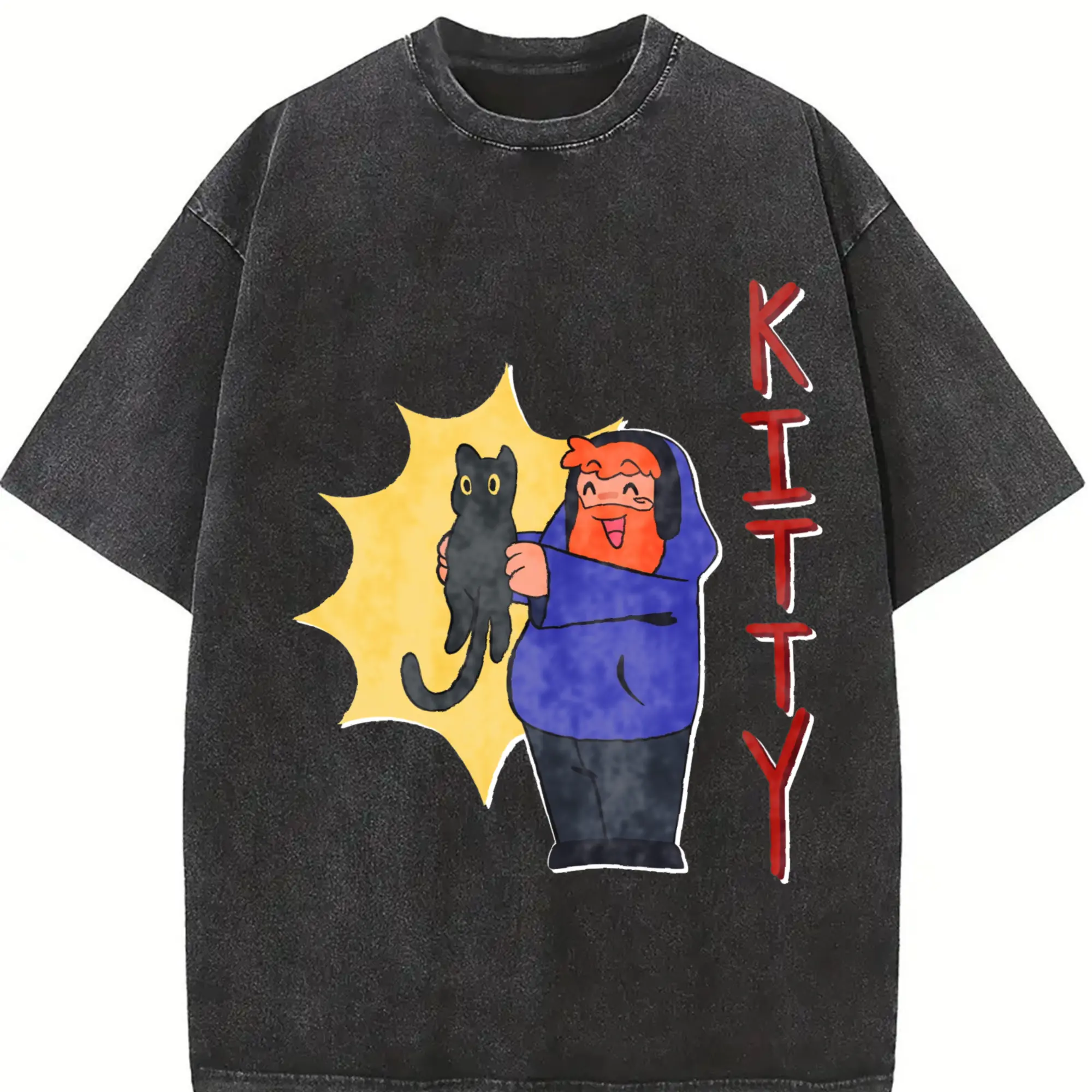 Caseoh Kitty Women's Crew Neck Short-Sleeved Cotton T-Shirt, Cold Wash Vintage Washed Streetwear, Loose-Fit Korean Trendy Black Top, Multi-Size Optional, All-Seasons Suitable