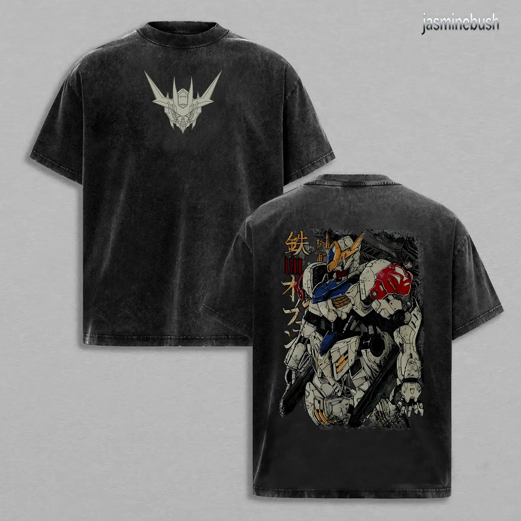 Gundam Barbatos Retro Vintage Washed Heavyweight Cotton T-Shirt Double Printed Oversized Anime Graphic Tee Men Women, Round Neck Summer Casual Wear Machine Washable Top, Y2K 2D Art Black White Gym Workout Clothes Japanese Mecha Otaku Everyday Apparel USA!