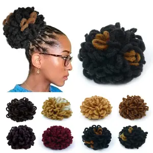 Loc Ponytail Drawstring Buns for Black Women Curly Loc Petal Bun Dreadlock Ponytail Braided Faux Locs Chignon Scrunchies Clip in on Braids Ponytails Hairpieces(1B&30#)