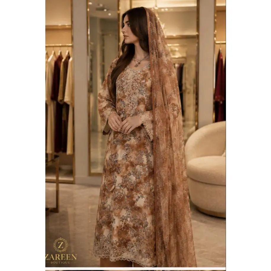 Zareen Boutique Pakistani Punjabi Mori Katanai 3-Piece Suit in Brown & Cream XL Chador Trousers Top Best Quality Affordable Prices