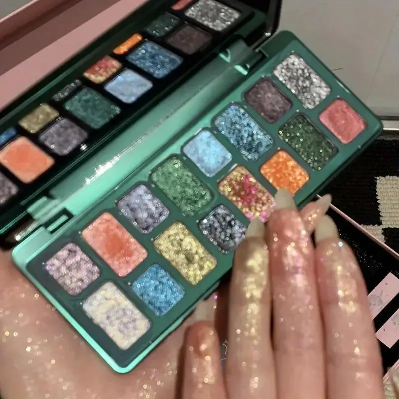 16-Color Shimmer High Pigment Eyeshadow Palette - Green Brightening Cosmetic Powder, Smooth Nourishing Eye Makeup for Carnival, Creates High-Cold Deep Look, 16 Colors, Multicolor