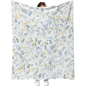 Flannel Blanket | Spring Floral Throw Blanket Country Blue And Yellow Flower With Green Leaf Plant Pattern Soft Cozy Flannel Blankets For Couch Sofa Bed Chair Ideal Gifts For Women Mom Wife | Gift Blanket / All Season