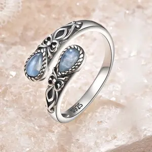 Silver plated Moonstone ring vintage adjustable size ring, nickel-free wear allergy free, adjustable butterfly thumb jewelry, Bohemian holiday theme, synthetic stone, silver plating, women's everyday wear and gift fashion accessories