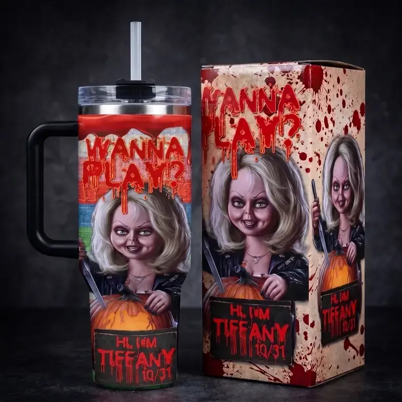 Chucky and Tiffany Couple Tumbler Set with Handle, 40oz Halloween Insulated Stainless Steel Travel Mug with Straw, Bride of Chucky Wanna Play 10/31 Matching Horror Cups, Spooky Halloween Birthday Gift Idea for Couples Boyfriend Girlfriend