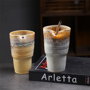 Large Capacity Ceramic Mug Coffee Cup Vintage Kiln Change Mug Straw Cup Breakfast Cup