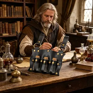 Medieval Potion Bottle Waist Pack, PU Material with Belt Loop, Includes 3 Cork Bottles, Renaissance Witch Props, Stempunk Cosplay Costume Set
