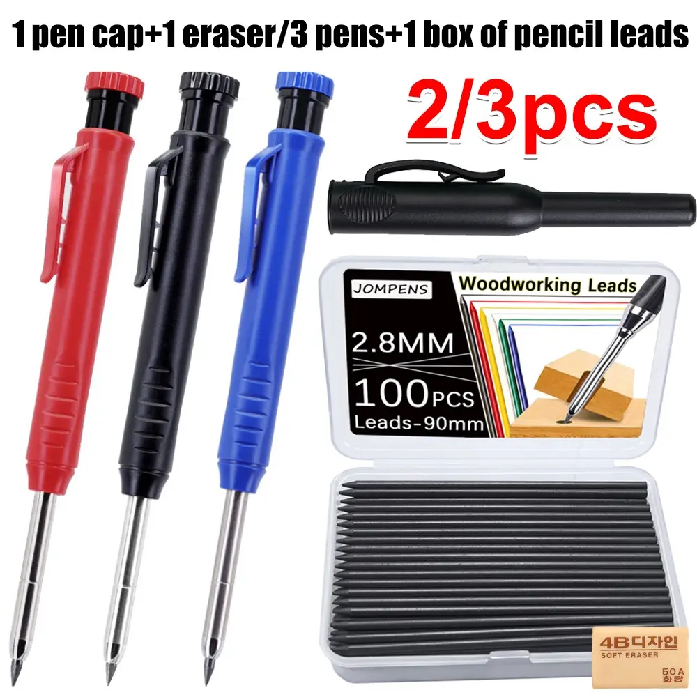 2.8mm Woodworking Pencil Set, Construction Pencils, Affordable Pencil (3 Pencils+1 Large Capacity Lead Box/1 Pen Cap+1 Eraser), HB Lead, Break-Resistant, Ideal for Architects/ Hole Drilling Tool Pen Users/ Carpenters, Writing Stationery