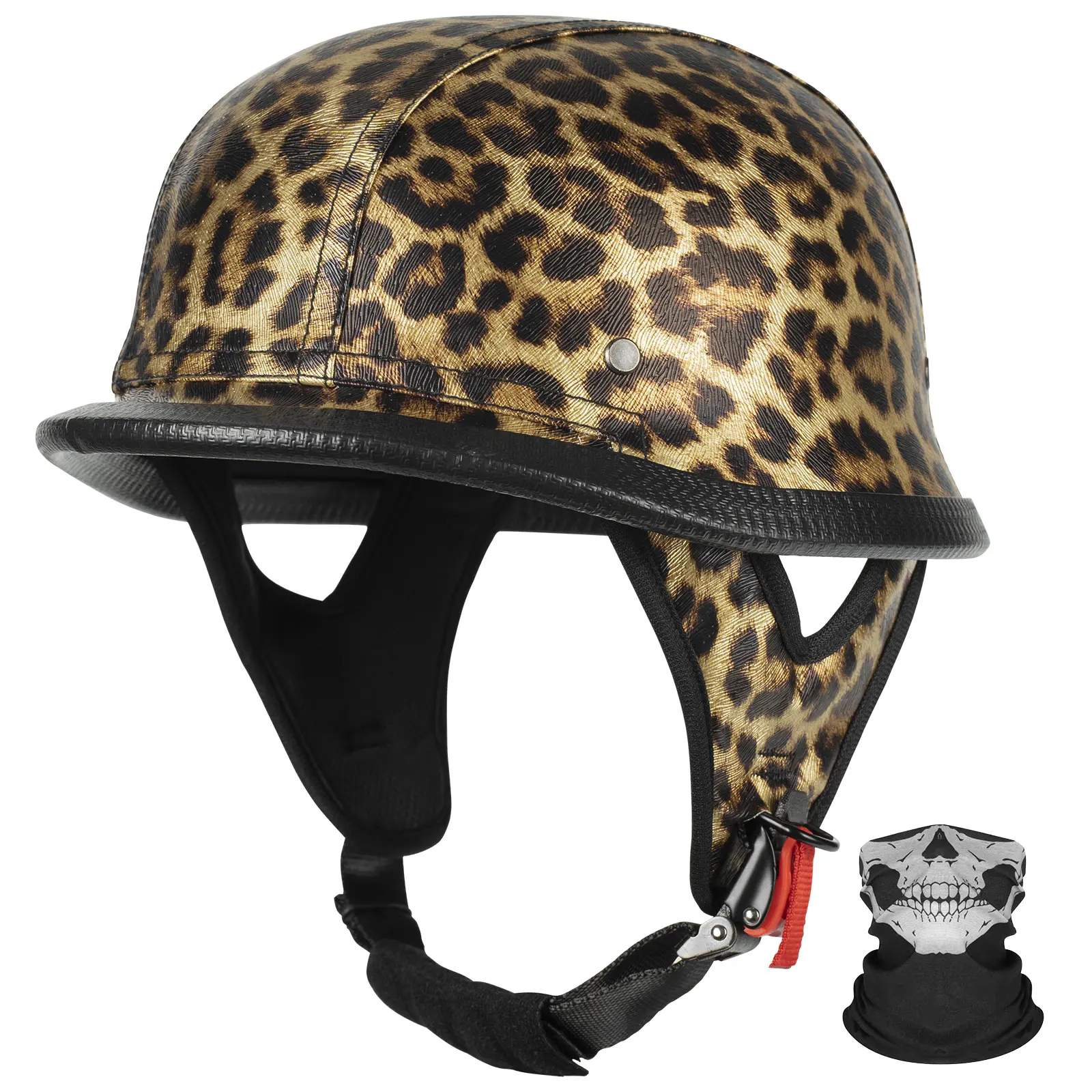 KAESE DOT-Approved Leopard Print German-Style Halffacehelmet - Low-Profile Hard-Shell EPS Foam Half Helmet for Cruiser, Scooter, Includes Free Neck Gaiter