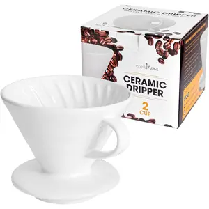Pour Over Coffee Dripper - Ceramic Slow Brewing Accessories for , Cafe, Restaurants - Easy Manual Brew Maker  -  Flavor Brewer - V02 Paper Cone Filters - White, 2 Cup
