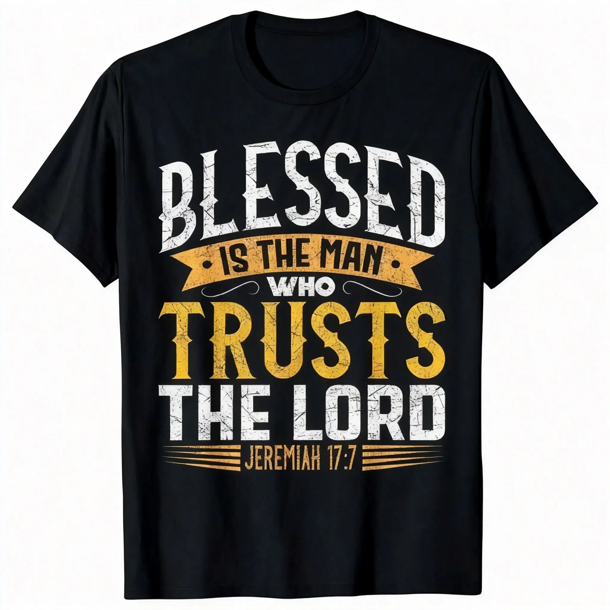 Vintage Distressed Black T-Shirt with Jeremiah 17:7 "Blessed Is The Man Who Trusts The Lord" Bible Verse Graphic, Christian Faith Casual Street Wear Top