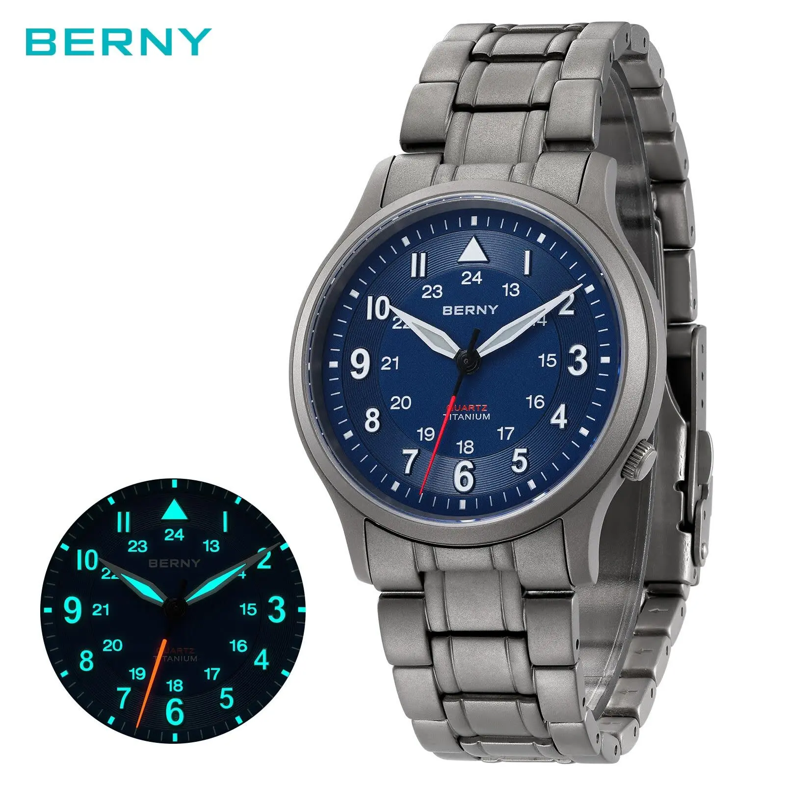 BERNY Full Titanium Watch for Men, Premium Field Man Quartz Wristwatch for Outdoor Sports, Military Aviation Style, 5ATM Waterproof, Super Luminous, Titanium Strap, Reloj de Hombre, Father's Day Gift, Summer Wins