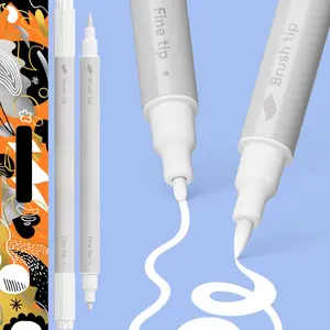 2 White Dual-Tip   Pens - Multisurface Markers for Glass, Rock, Fabric, , Plastic &  - 1 mm Fine & Brush Tips