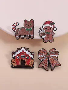 Set of 4 Christmas Gingerbread Enamel Badges, Holiday Dessert Series, Bow/house/figure/cat Shapes, Perfect Gift Decorations, Durable Metal Pins