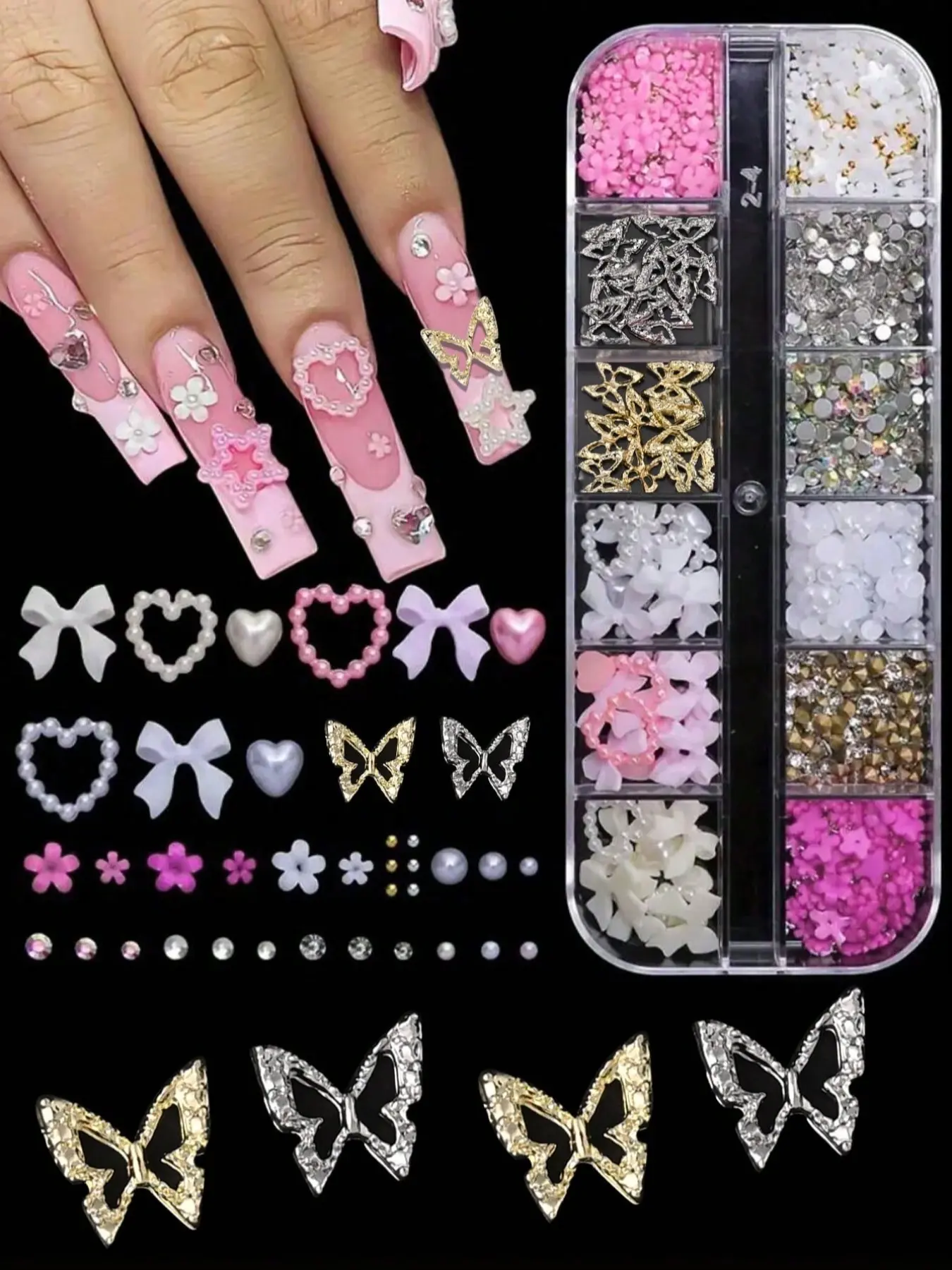 95pcs 3D Y2K Nail Charms Set, Rhinestones, Pearls, Diamonds, Butterflies, Bows, Hearts & Flowers for Nail Art Decoration, Nail Art Supplies, Nail Art Products