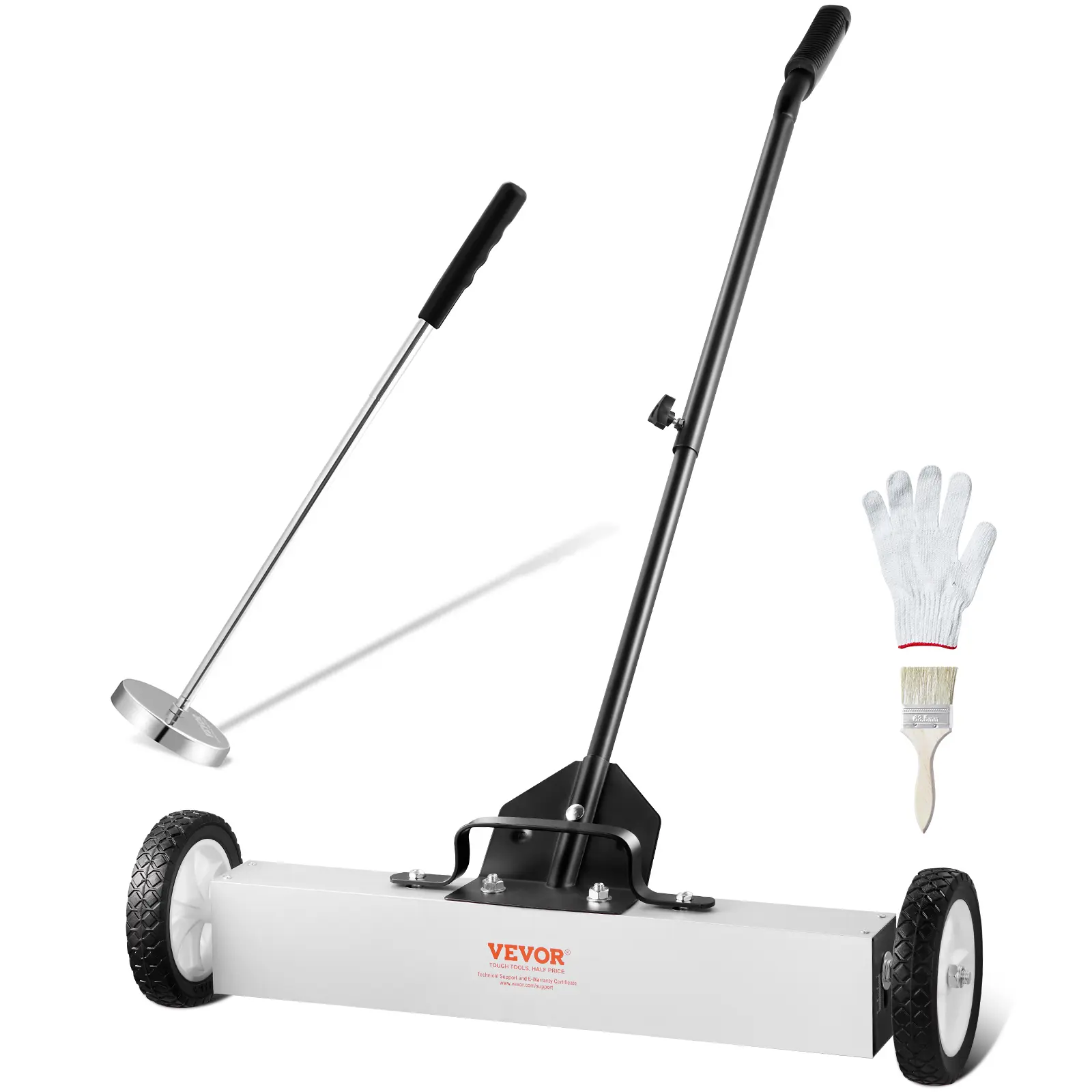 VEVOR Portable 24-in Wheeled Magnetic Sweeper, 50 lbs Capacity Ergonomic Telescoping Adjustable Handle, Aluminum-Iron Construction Tool for Workshop, Metal Pickup Magnets w/ Anti-Disassembly Screw, Brush, Gloves, Construction Tools
