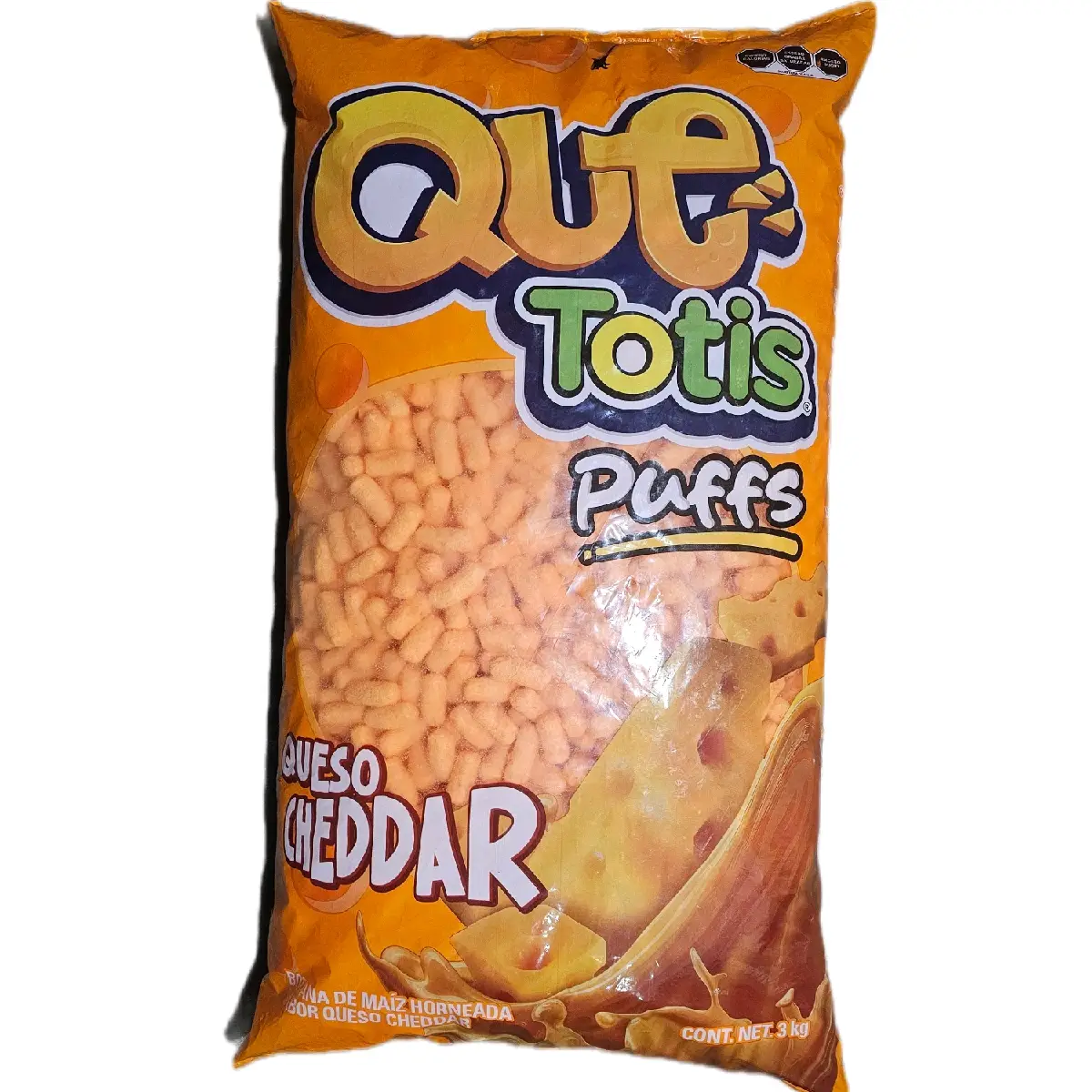 QUE TOTIS QUESO 3 KG Bolsa Grande, Botana De Maiz Horneada Sabor Queso Cheedar Cheetos Puffs Cheddar Flavored.