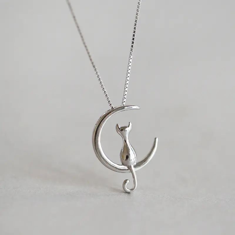 Fashion Cute Animal Cat Moon Pendant  Charm Gold Silver Color Box Kitten Pet Lucky Jewelry For Women Gift Custom Jewelry