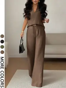 Women's Fashion Casual Versatile V Neck Sleeveless Top with Loose Straight Leg Pants Set, 2 Piece Outfit for Everyday Wear