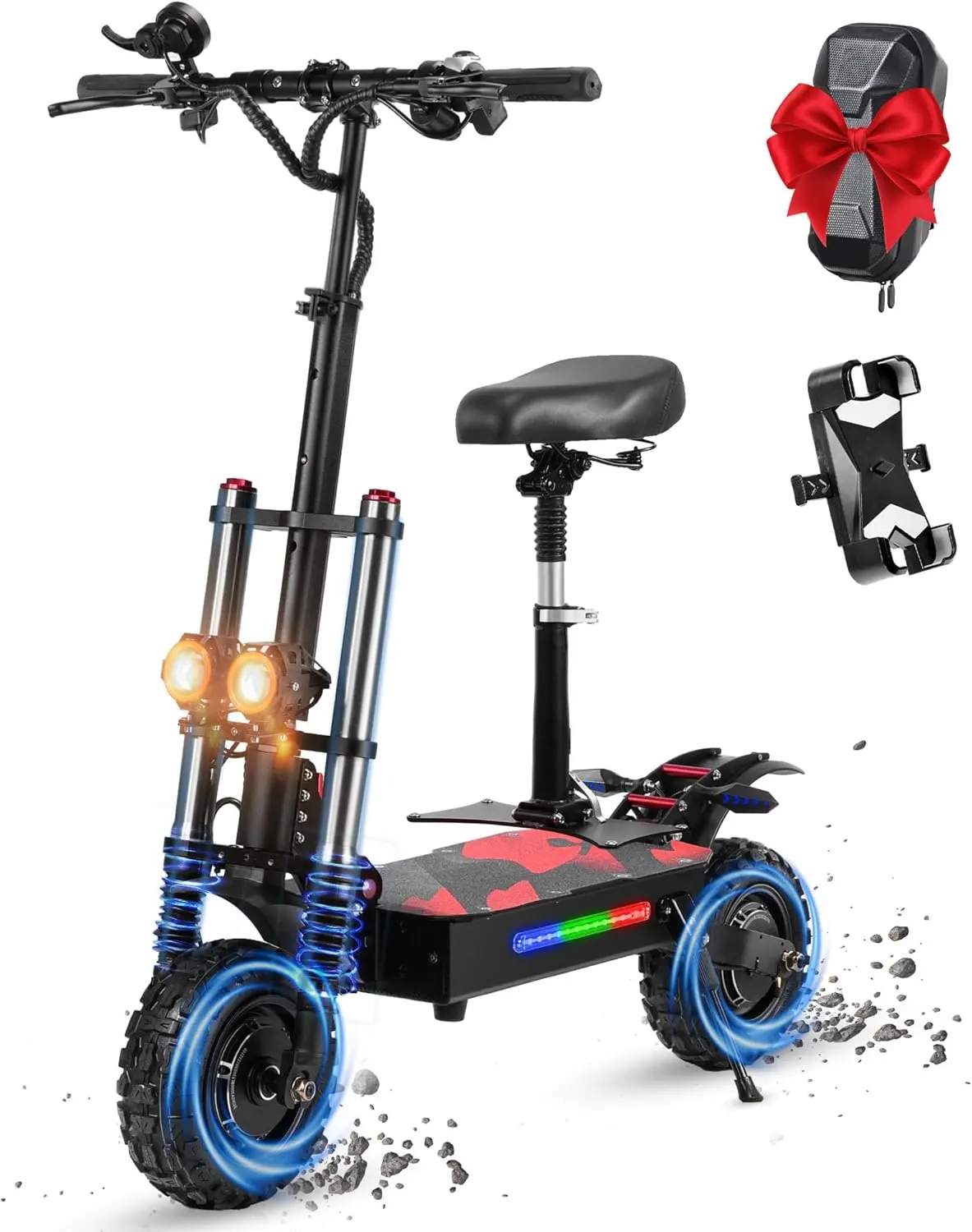 Boyueda S3-11 Electric Scooter 6000W Dual Motor 55 MPH 38Ah 75 Miles Range 11" Off-Road Tires Foldable with Seat LED Lights UL2272 Certified