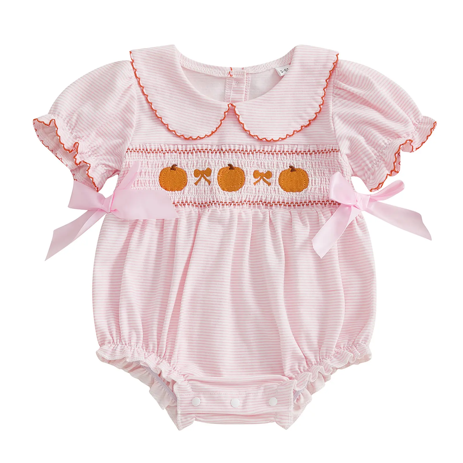 Baby Girl's First Halloween Infant Outfit - Smocked Pumpkin Embroidery, Striped Peter Pan Collar, Bow Accents Romper Bodysuit Jumpsuit (Baby Girls Clothing)
