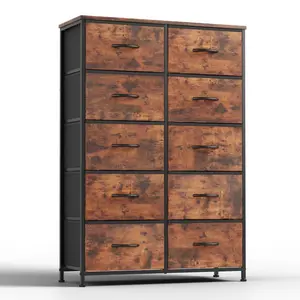 Dresser for Bedroom Storage Drawers Fabric Storage Tower with 9 Drawers Sturdy Metal Frame Kids Dresser Rustic Style Freestanding Wood Cupboard Wardrobe Cabinet