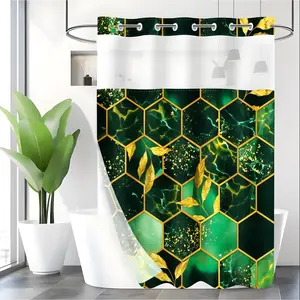 LVRLVR 1pc Marble Hexagon Gold Leaf Pattern Luxury Style Emerald Green & Gold Color Shower Curtain 70.8"×74"(180×188cm)